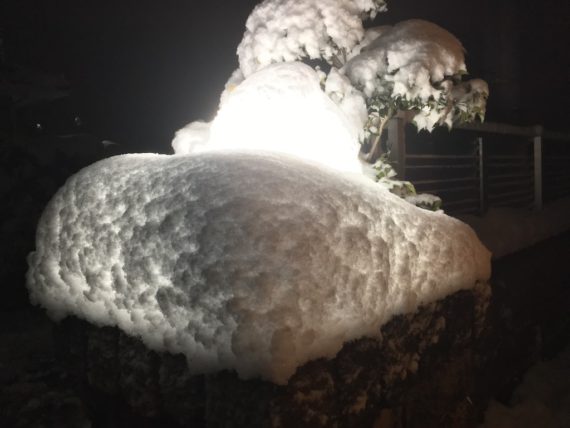 雪に埋まる大きな丸い照明