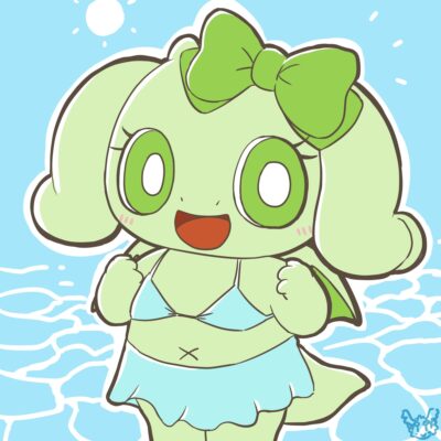 青いビキニの水着を着ているジェリーちゃん