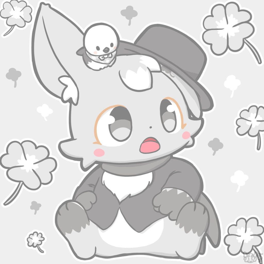 四葉のクローバーに囲まれるフェリちゃん