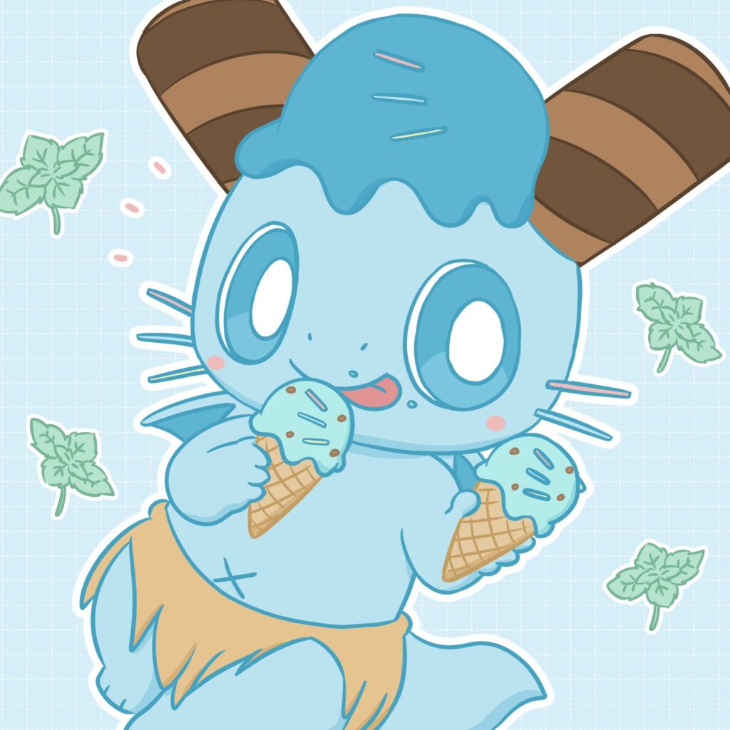 チョコミントのアイスを食べるミントくん