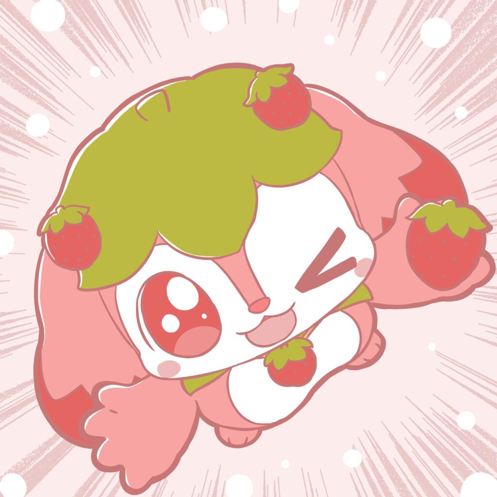 片手にイチゴを持ってアピールするこいちごちゃん