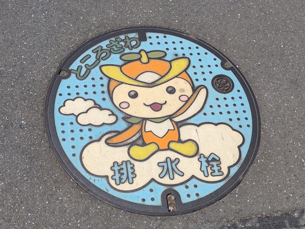 雲の上に乗ったトコろんが描かれたマンホール