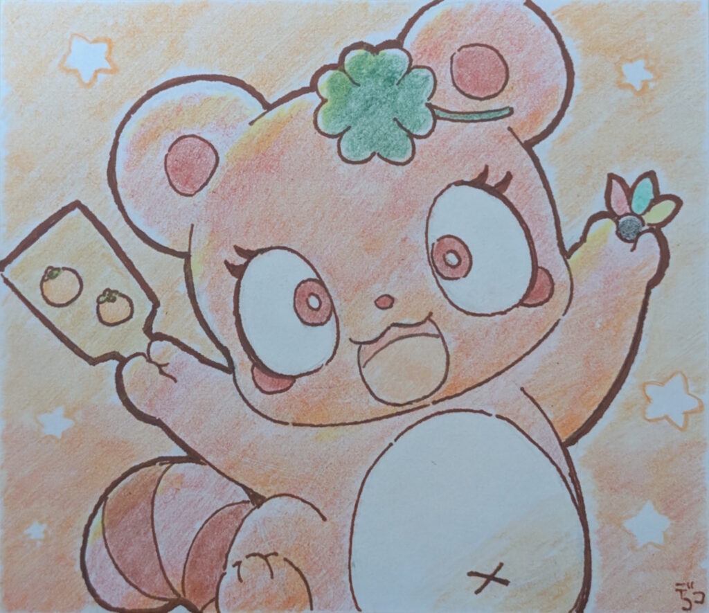 羽子板を持っているミカンちゃん