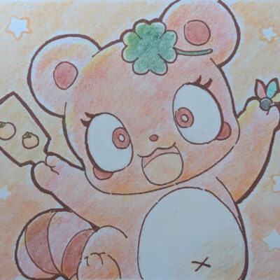 羽子板を持っているミカンちゃん