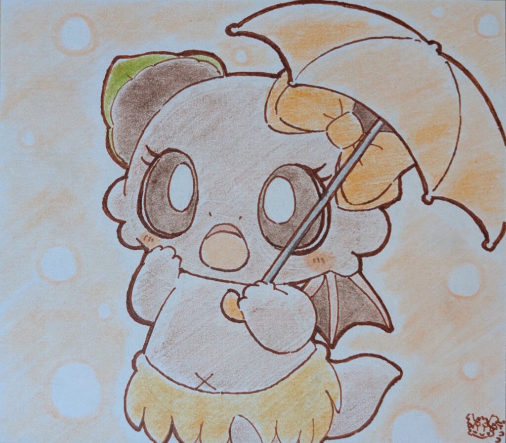 傘をさしているボタンちゃん