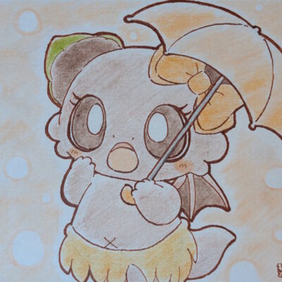 傘をさしているボタンちゃん