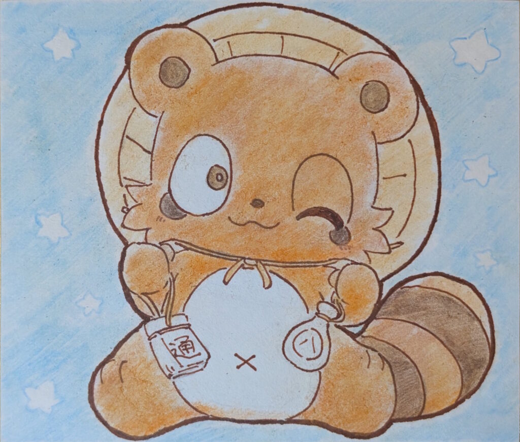 たぬきの置物の格好になったリンゴくん
