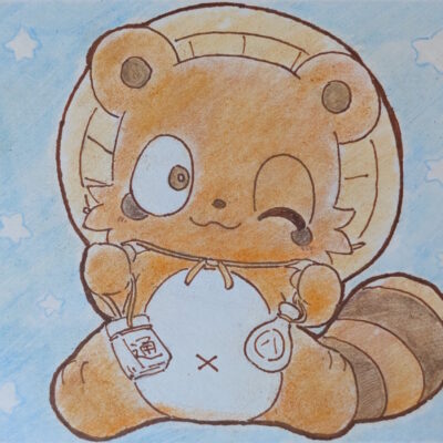 たぬきの置物の格好になったリンゴくん