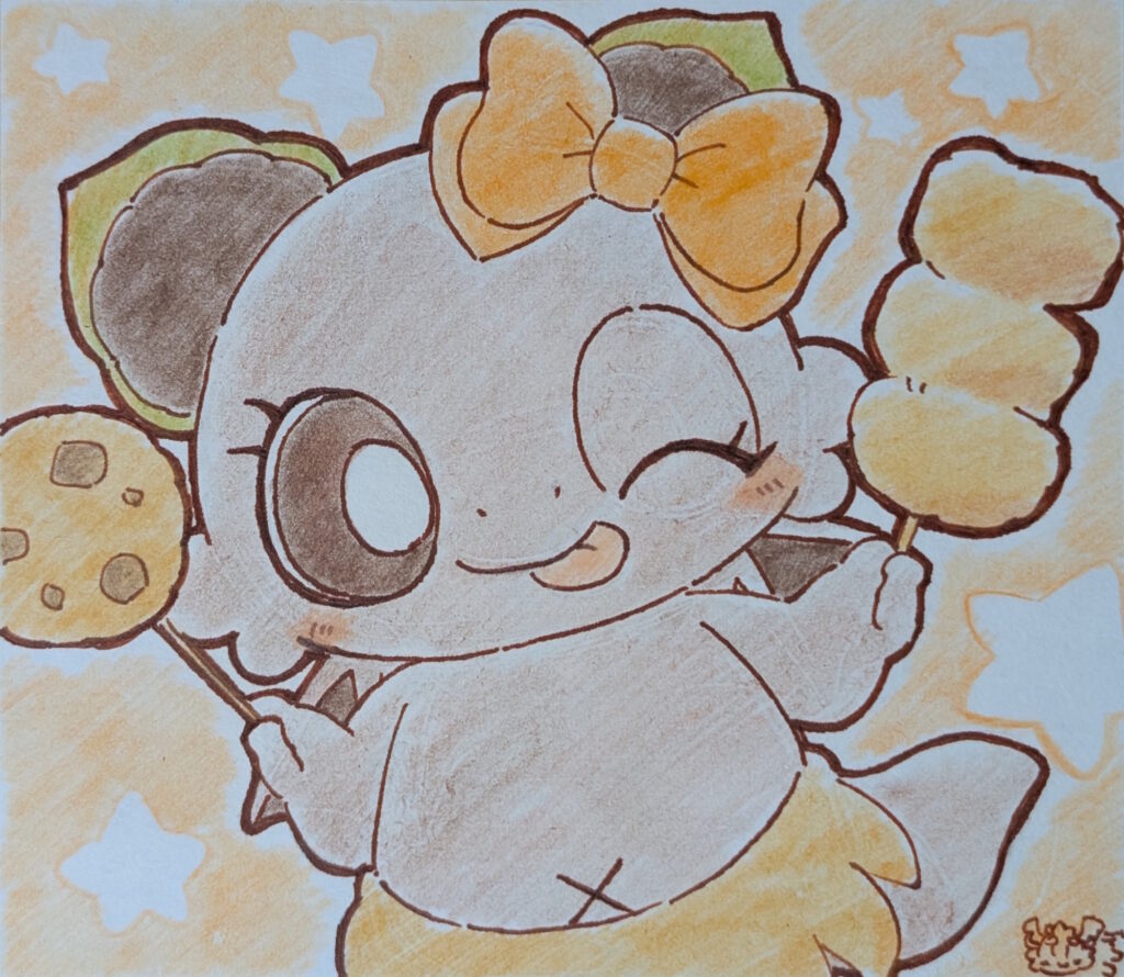 串カツを持つボタンちゃん