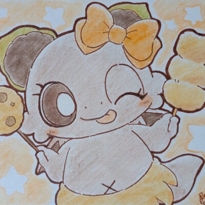 串カツを持つボタンちゃん