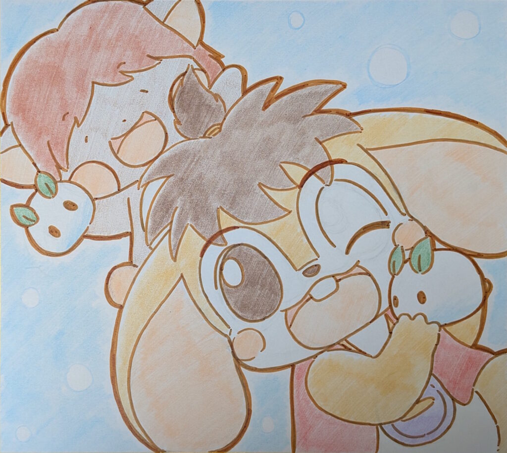 雪うさぎを持つピッピくんとピコくん