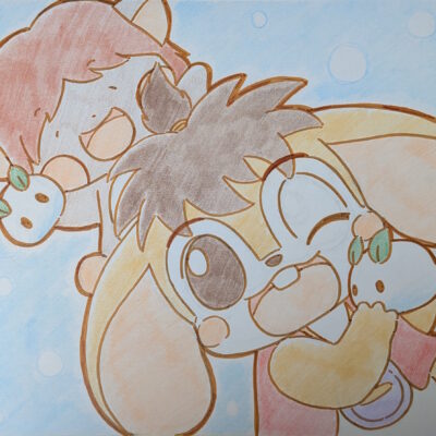 雪うさぎを持つピッピくんとピコくん