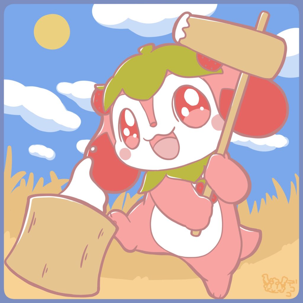 月の下で餅をつくこいちごちゃん