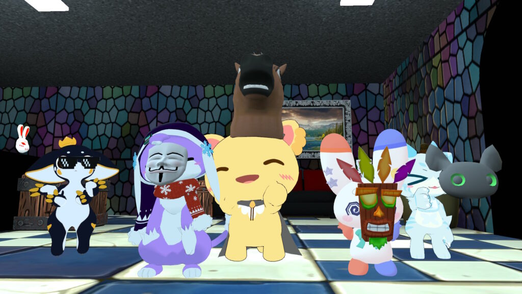 仮面を被りながら記念写真