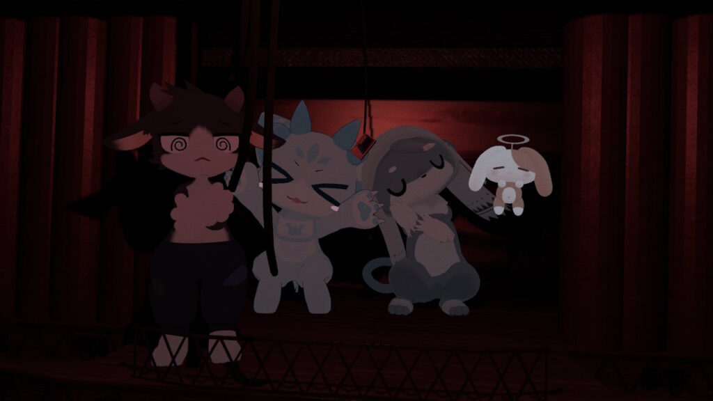 赤みのある空間で起きる記念撮影タイム