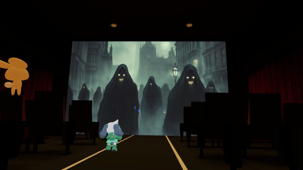 フードを被った怪しいやつが映るスクリーン