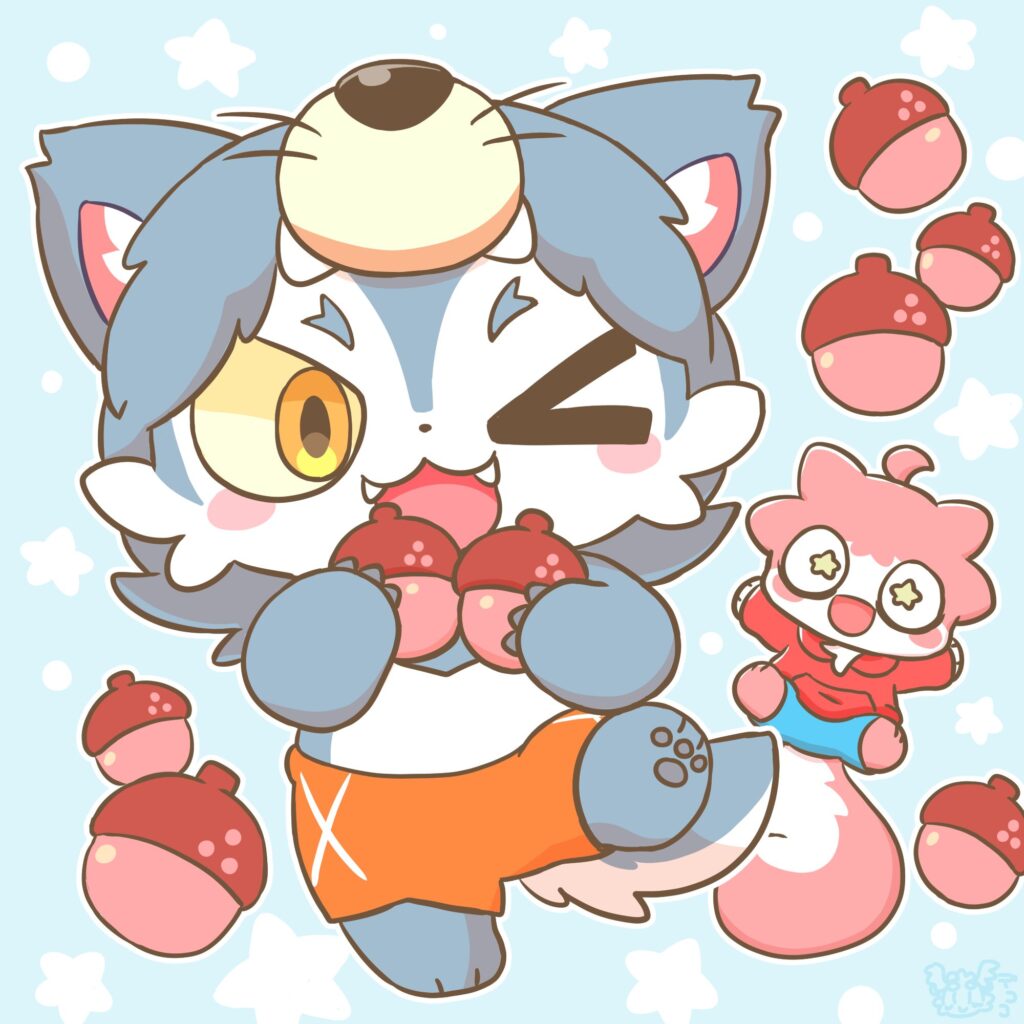 イチゴどんぐりで喜ぶおおかみ少年とアリスクくん