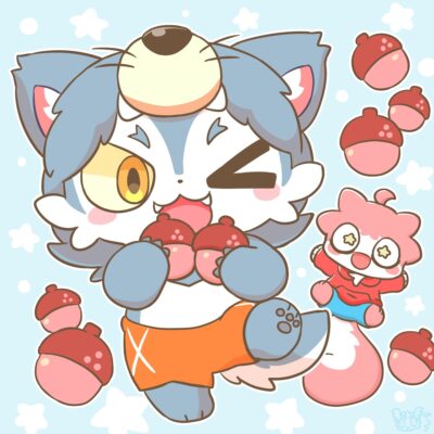 イチゴどんぐりで喜ぶおおかみ少年とアリスクくん