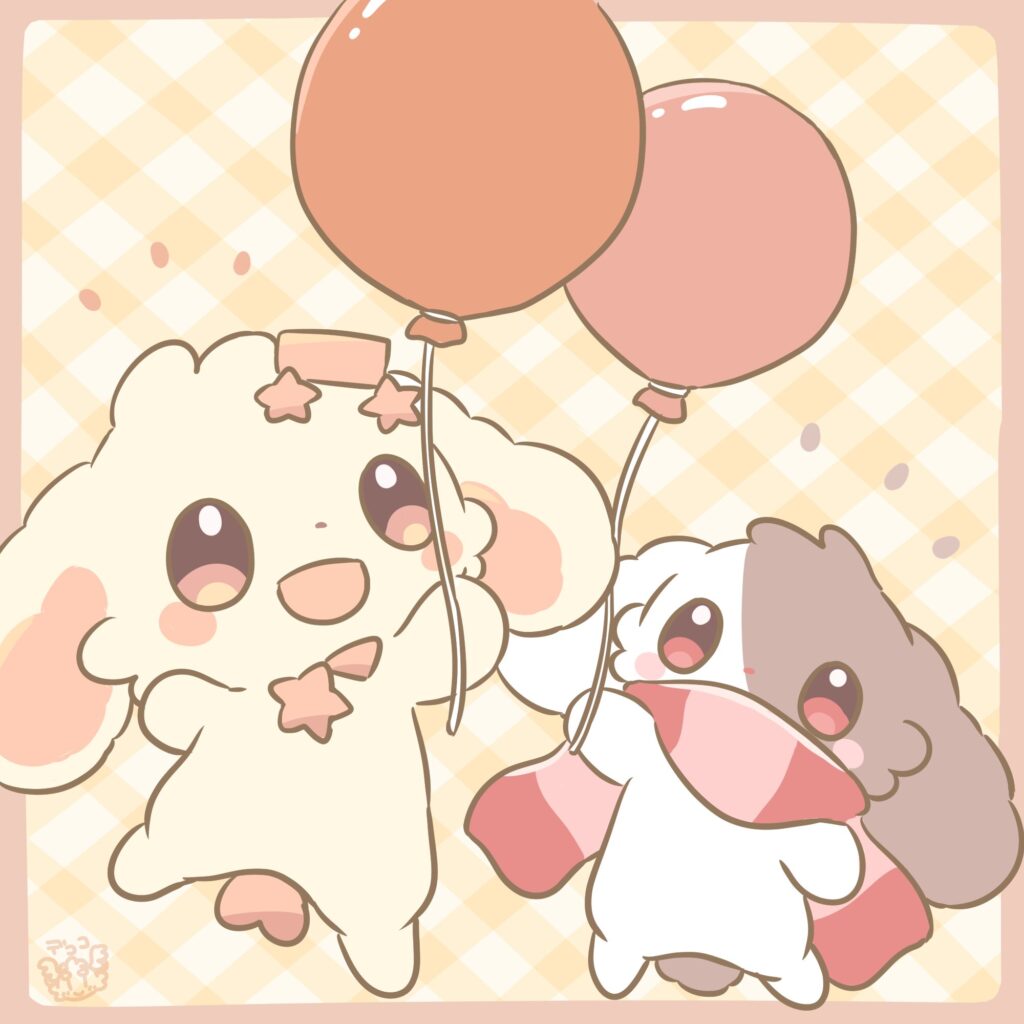 風船を持って浮かぶシュティちゃんとビスくん